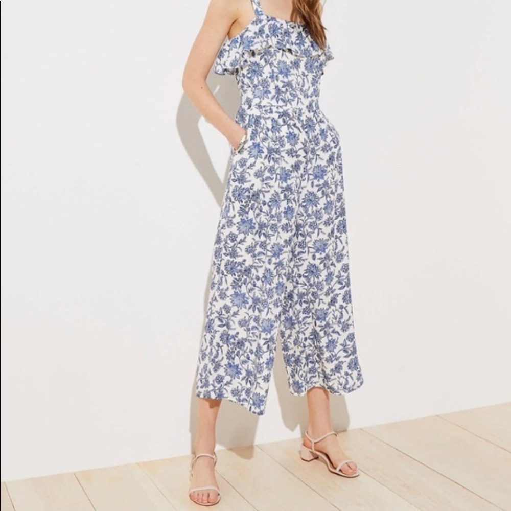 NWT Loft blue and white trellis garden jumpsuit
